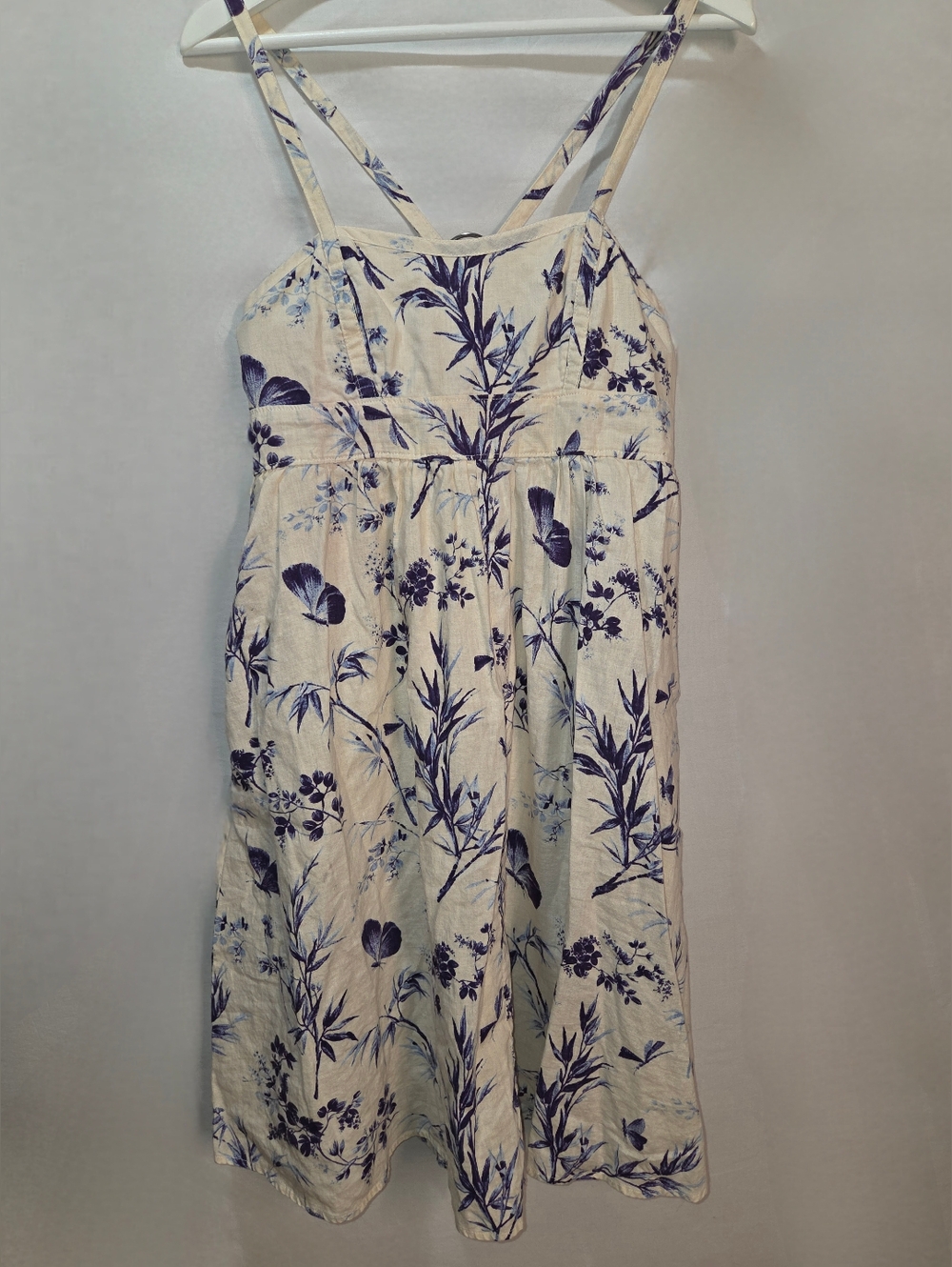 Linen Gap Sundress Ivory & Blue With Pockets Cottagecore Babydoll Sz Sm
